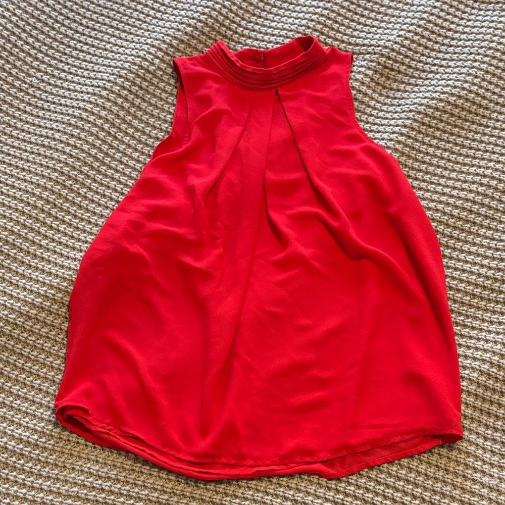 Sleeveless Red Pleated Mock-Neck Women’s Top